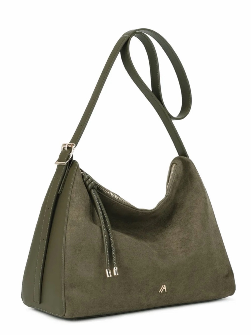 Olive Faux Suede Hobo Shoulder Bag with Adjustable Strap